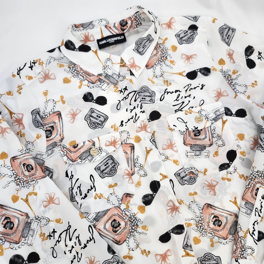 Karl Lagerfeld Paris Perfume AOP Button Up Top Womens Small Dopamine Maximalism‎